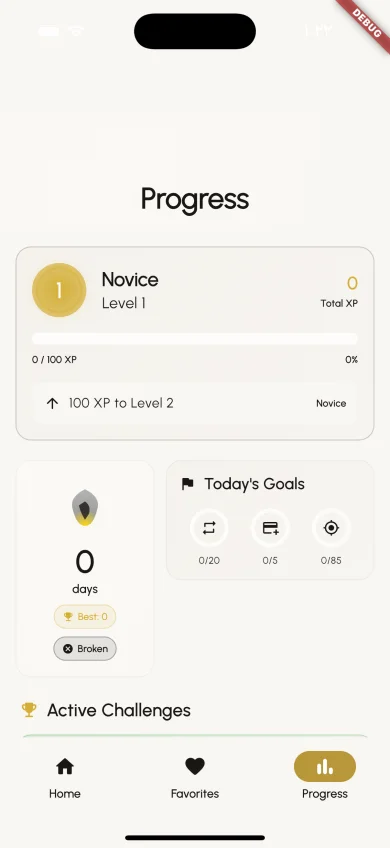 Progress dashboard showing XP level, daily goals, and streak tracking